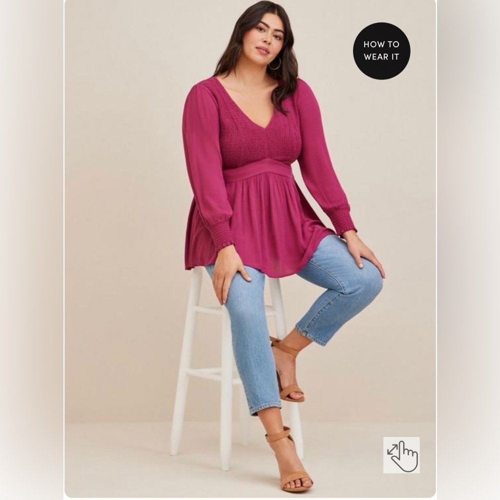 Fuchsia Crinkle Gauze V-neck long sleeve babydoll top flowy SIZE 4 summer fall